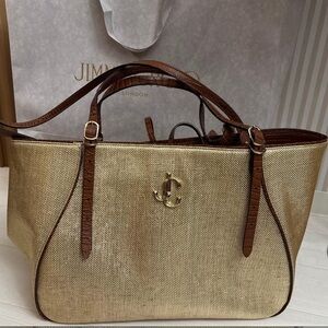 Jimmy Choo Gold Canvas Tote with Brown Leather Trim